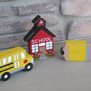 3 SCHOOL THEMED shelf sitter block  SET with School House, Bus, and Pencil for shelf, desk, office and home decor