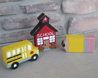 3 SCHOOL THEMED shelf sitter block  SET with School House, Bus, and Pencil for shelf, desk, office and home decor