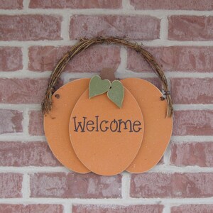 HANGING WELCOME PUMPKIN for Fall, Autumn, wall and door hanging decor image 1