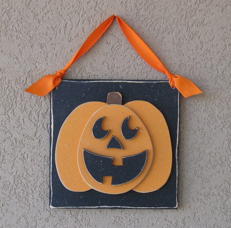 Hanging HALLOWEEN JACKOLANTERN PUMPKIN with ribbon for Halloween, wall, door hanger, and home decor image 2