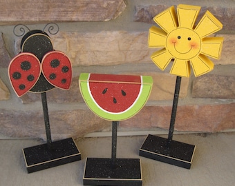 3 Tall Standing SUMMER THEMED Block  SET with Sunshine, Lady Bug, and Watermelon for shelf, desk, office and home decor