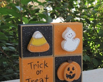 HALLOWEEN THEMED SQUARE Blocks with jackolantern, candy corn, ghost and trick or treat sign for Fall, October, shelf, office and home decor