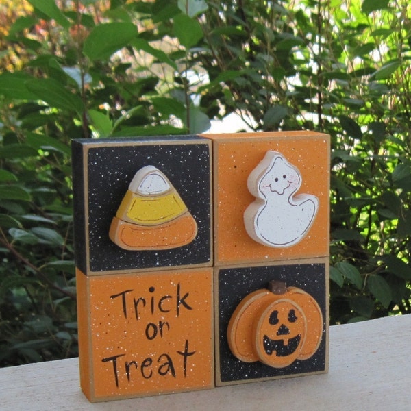 HALLOWEEN THEMED SQUARE Blocks with jackolantern, candy corn, ghost and trick or treat sign for Fall, October, shelf, office and home decor