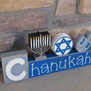 CHANUKAH BLOCKS with Menorah, Jewish Star, and Dreidel for desk, shelf, mantle, Hanukkah decorations, December, and home decor image 1