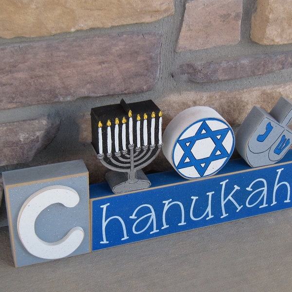 CHANUKAH BLOCKS with Menorah, Jewish Star, and Dreidel for desk, shelf, mantle, Hanukkah decorations, December, and home decor