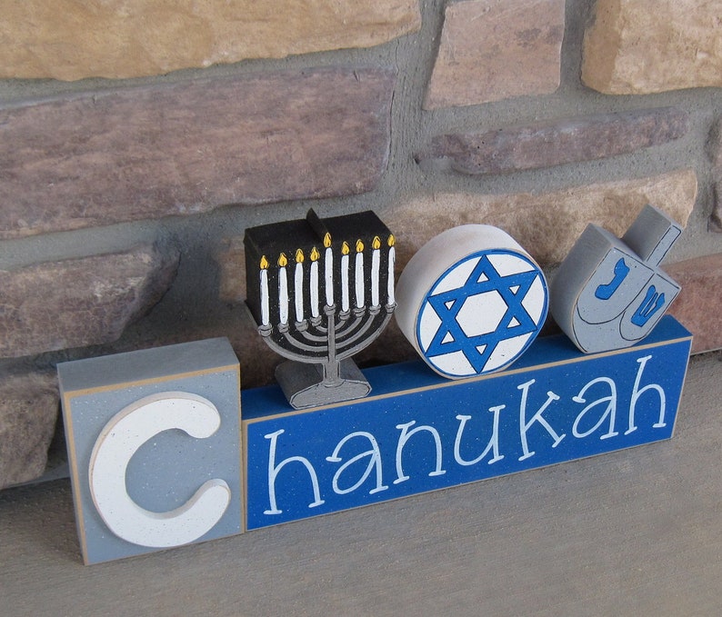 CHANUKAH BLOCKS with Menorah, Jewish Star, and Dreidel for desk, shelf, mantle, Hanukkah decorations, December, and home decor image 1