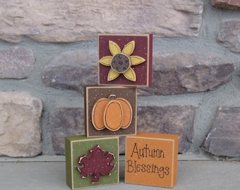 4 BLOCK Autumn Blessings FALL SET for desk, shelf, mantle, holiday, Autumn decor, office decor,  home decor