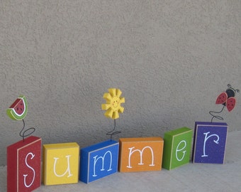 SUMMER BLOCK SET for shelf, mantle, office, seasons, home, and holiday decor.