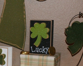 Small Black LUCKY BLOCK Wtih CLOVER for St. Patricks day and home decor