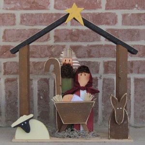 LARGE WOOD NATIVITY for Christmas, holiday, Noel, baby jesus, donkey and home decor