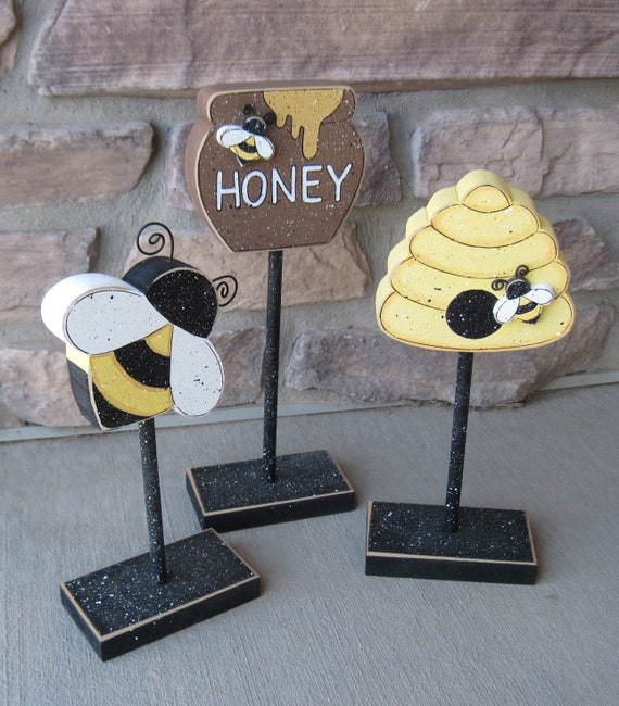 3 Tall Standing BEE THEMED Block SET With Honey Pot, Bee, and Beehive Tree,  for Bee Decor, Girl Decor, Shelf, Desk, Office and Home Decor 