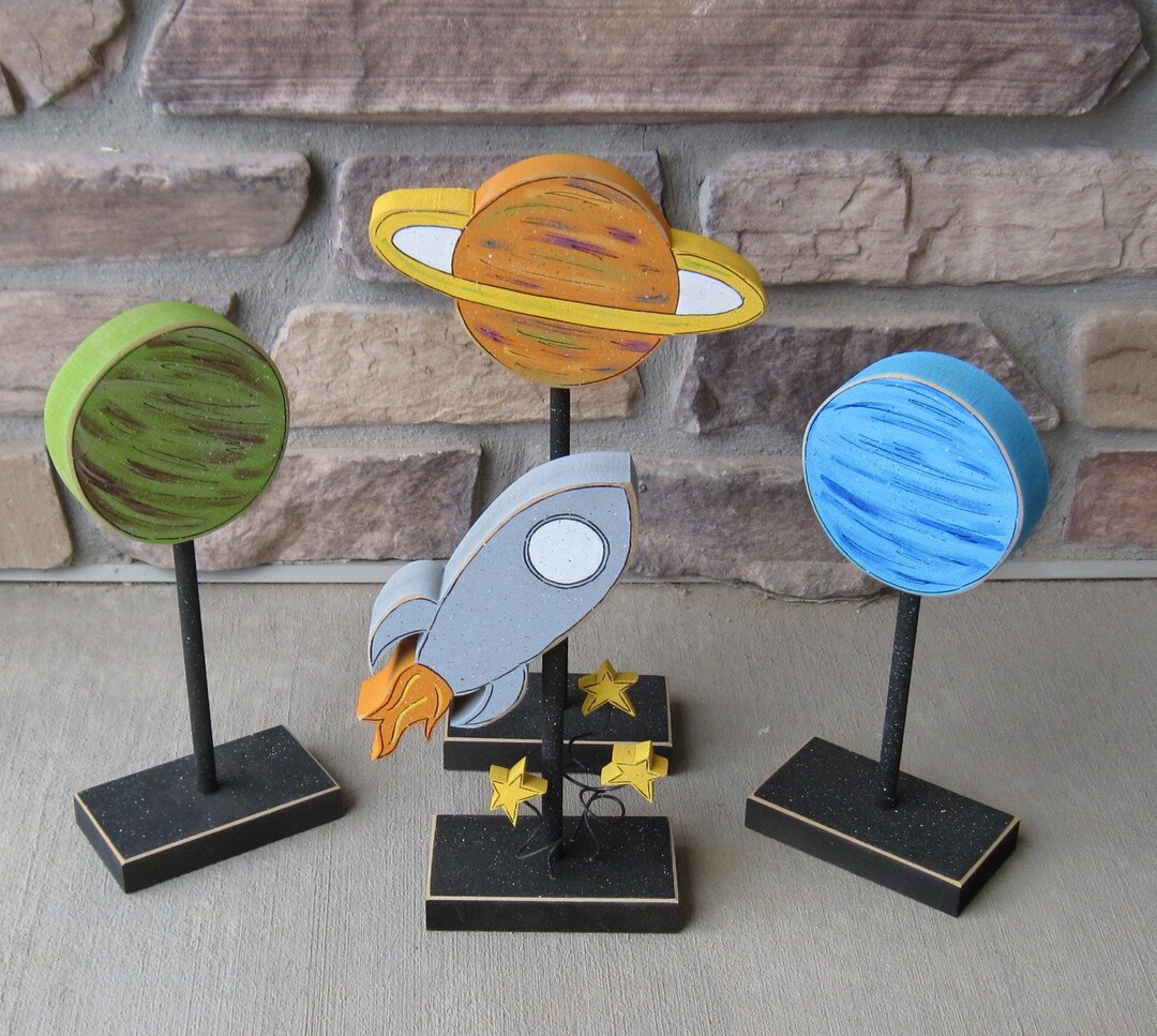 Rocket Ship and Planet Blocks on Stands for Space Themed Decor, Boy ...