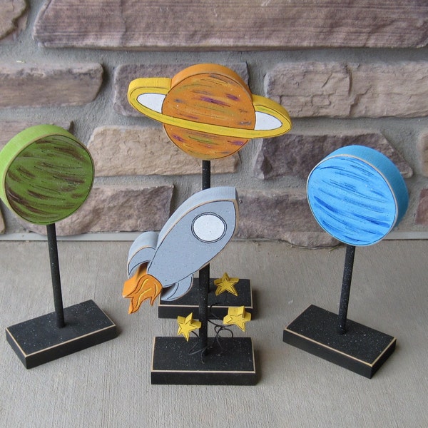 Rocket Ship and Planet Blocks on Stands for Space themed decor, Boy Room decor, Teacher gift, desk, shelf and home decor