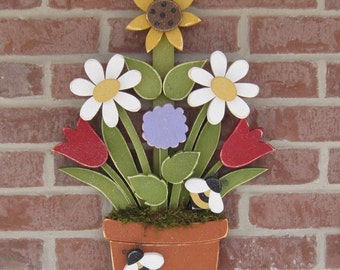 FLOWER POT With Daisies, Sunflower, Tulips, Lilac and Bees for home decor, door hanger, mothers day and spring decor
