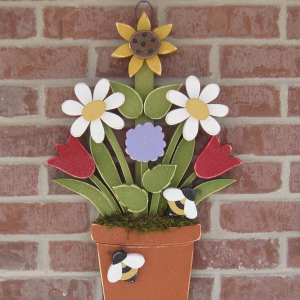 FLOWER POT With Daisies, Sunflower, Tulips, Lilac and Bees for home decor, door hanger, mothers day and spring decor