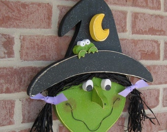 Handcrafted Halloween Witch Head Decor, Frog and Crescent Moon