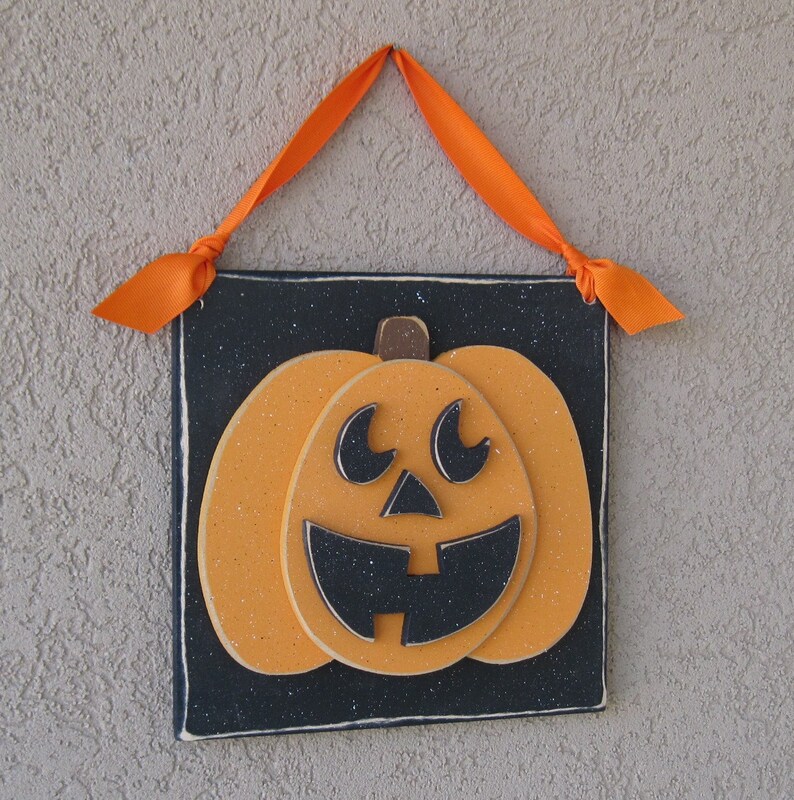 Hanging HALLOWEEN JACKOLANTERN PUMPKIN with ribbon for Halloween, wall, door hanger, and home decor image 1