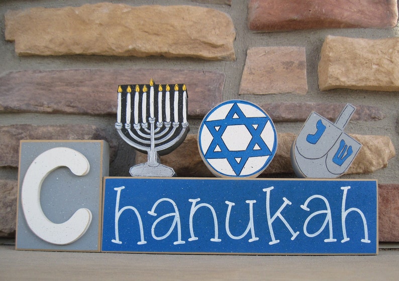 CHANUKAH BLOCKS with Menorah, Jewish Star, and Dreidel for desk, shelf, mantle, Hanukkah decorations, December, and home decor image 5