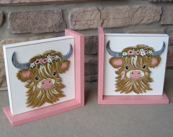 Highland Cow bookends for children library, bookshelf