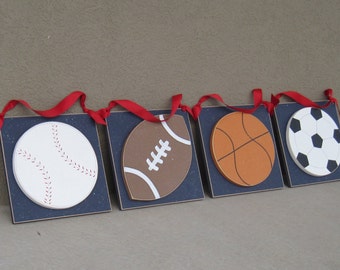 SPORTS BALL SET Large 10 inch Hanging with red ribbon for boy, football, soccer, baseball, basketball, wall, and bedroom home decor