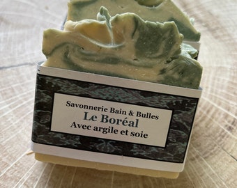 Savon Le Boréal, sapin, pruche sucré, fait main, fait main, savon de soie, sapin, épicéa sucré, soie et argile