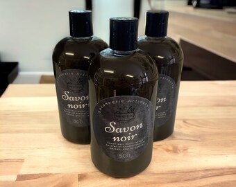 Savon liquide noir, dégraisseur, détachant efficace, fait main, saponification à chaud, 100% naturel, huile d'olive, huile de lin