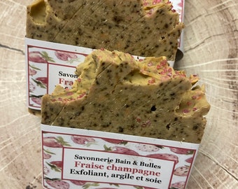 Savon avec argile et soie, fraise, champagne, puré de fraises, exfoliante, savon, champagne fresa