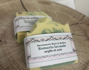 Savon  Romarin Lavande avec argile et soie, rosemary lavander, handmade lavender soap, clay and silk soap