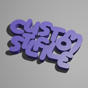 Könnte beinhalten: Eine 3D-Darstellung des Textes "CUSTOM STIFLE" in lila.
