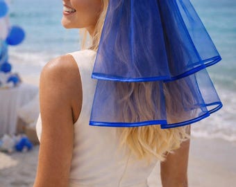 ? Women Blue Embroidered Bride to Be Veil Bachelorette Party Tulle Pearl Bow Bride to Be Embroidered Hair Bow Veil for Bachelorette Party  main image 4