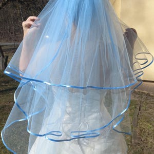 Light blue wedding veil with satin ribbon, 3-tier