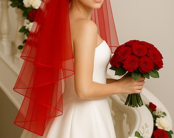Red Wedding Veil: Two-Tiered Bridal Veil with Satin Trim, Handmade