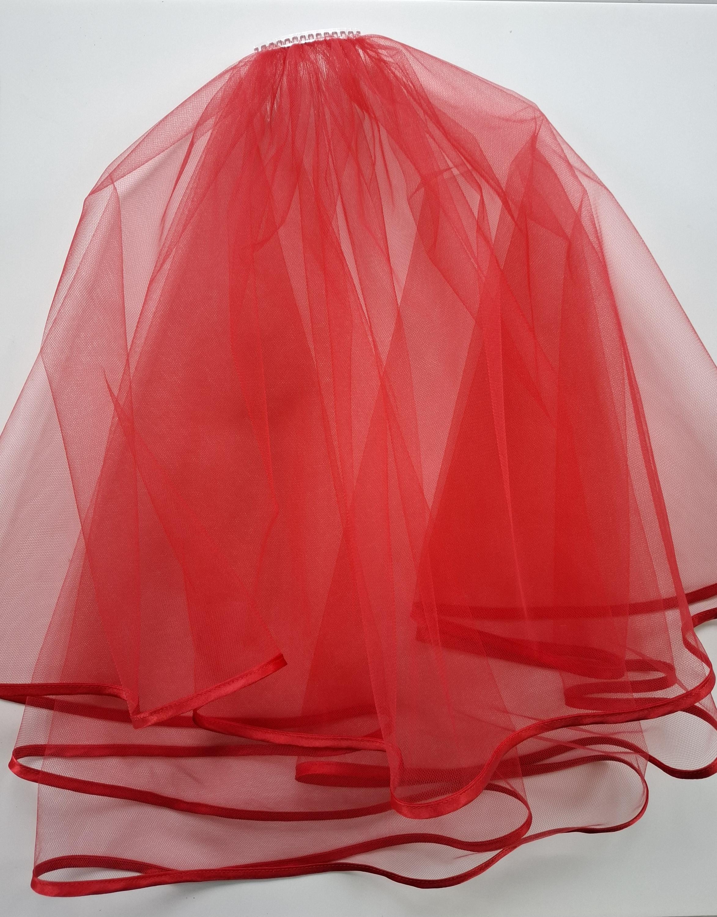 Roter Brautschleier Aus Tüll - Mittellanger Schleier Mit Satinborte