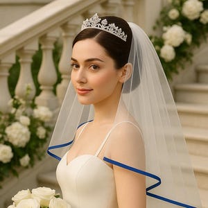 Two-Tier White Wedding Veil with Royal Blue Satin Trim – Custom Lengths