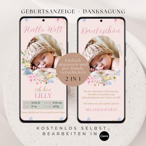 anuncio de nacimiento digital + tarjeta de agradecimiento | Tarjeta electrónica Whatsapp | El bebé está aquí anuncia su nacimiento | Flores de anuncio de nacimiento de niña | personalizable
