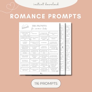 Puede incluir: Un documento digital imprimible titulado TBR PROMPTS for romance books, que presenta una cuadrícula de 116 sugerencias de lectura. El papel blanco tiene texto negro y pequeños iconos de líneas, organizados en columnas con bordes punteados.