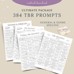 May include: Printable TBR prompts for book lovers, featuring prompts for mystery, romance, and fantasy genres. The design includes white sheets with text, and the words "ULTIMATE PACKAGE 384 TBR PROMPTS" are displayed at the top.
