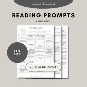以下が含まれることがあります： TBR PROMPTS to pick your next favourite readおよび120 TBR PROMPTSというテキストが記載された印刷可能な読書プロンプトシート。このドキュメントには、さまざまな読書の課題が書かれたボックスのグリッド、FREE GIFTの円、およびインスタントダウンロードのラベルが含まれています。