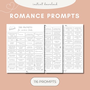Peut inclure: Téléchargement numérique avec des invites de romans. La conception comprend une grille d'invites, le texte "ROMANCE PROMPTS" et l'expression "téléchargement instantané". L'image est sur un fond rose clair.