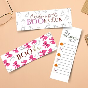 Könnte beinhalten: Drei rechteckige Lesezeichen mit Halloween- und Buchmotiven. Ein Lesezeichen lautet "Welcome to the BOOK CLUB" mit Geisterillustrationen. Ein anderes sagt "BOO Books" mit rosa Schleifen. Das dritte ist eine "My Halloween TBR"-Liste.