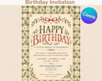 Verspielte Einladungsvorlage für einen Wildblumengeburtstag, bearbeitbare Canva-Einladung für eine Gartenparty im Kinderbereich, digitaler Download, 5x7 Zoll + Mobilgeräte