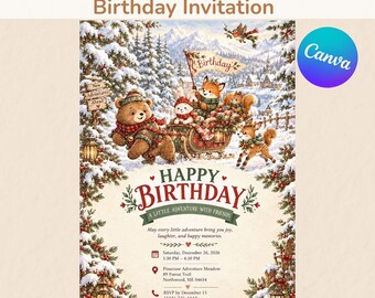 Einladungsvorlage für einen Geburtstag im Winterwald-Stil, bearbeitbar, Canva-Vorlage, digitaler Download, 5x7 Zoll + Mobilgeräte