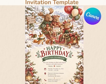Vorlage für eine weihnachtliche Waldgeburtstagseinladung, bearbeitbare Canva-Einladung zur Waldtierparty (digitaler Download)