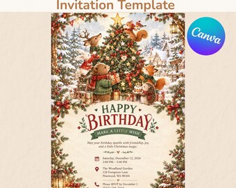 Vorlage für eine weihnachtliche Waldgeburtstagseinladung, bearbeitbare Canva-Einladung zur Waldtierparty (digitaler Download)