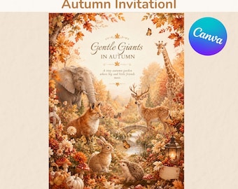 Einladungsvorlage „Sanfte Riesen“ für eine Herbstparty, Einladung zur Waldtierparty (Canva Digital)