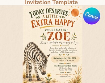 Einladungsvorlage für eine Zebra-Safari-Geburtstagsfeier, Aquarell-Kinderparty-Einladung (bearbeitbar, Canva), digitaler Download, 5x7 Zoll + Mobilgeräte
