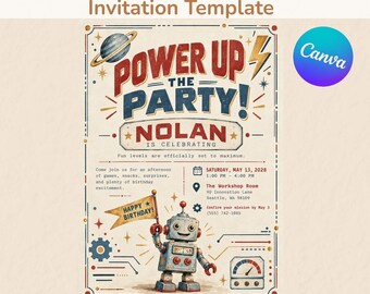 Einladungsvorlage für eine Roboter-Geburtstagsparty, bearbeitbare Canva-Einladung im Retro-Roboter-Stil für Kinder, digitaler Download, 5x7 Zoll + Mobilgeräte