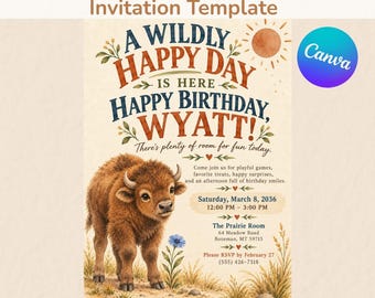Einladungsvorlage für einen Bison-Geburtstag, Aquarell-Wildtier-Kinderparty-Einladung für Canva, bearbeitbar, digitaler Download, 5x7 + Mobilgeräte