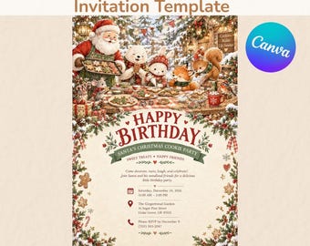 Einladungsvorlage für eine Geburtstagseinladung mit Weihnachtsmann-Motiv, bearbeitbar, Canva (5x7 + Mobil)