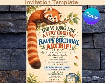 Einladungsvorlage für eine Geburtstagsparty mit Rotem Panda, bearbeitbare Canva-Einladung für Kinderpartys mit Waldtiermotiven, digitaler Download, 5x7 Zoll + Mobilgeräte